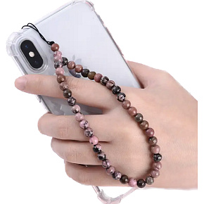 Rhodonite pendant for mobile phone against loss, natural stone bead 6 mm / 28,5 cm, stone of forgiveness