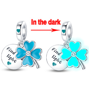 Charm Sterling silver 925 Luminous - Four-leaf clover for luck, 2in1 nature bracelet pendant