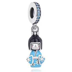 Charm Japonsko - panenka Kokeshi v modrém kimonu, přívěsek na náramek cestování