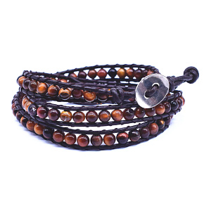 Tiger eye leather brown bracelet natural stone wrap hand knitted ball 6 mm / approx. 34 cm + 5 cm, stone of the sun and earth, brings luck and wealth