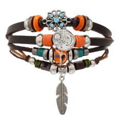Leather multi-layer bracelet, feather + moon/sun symbol, adjustable size Leather multi-layer bracelet, feather + moon/sun symbol, adjustable size