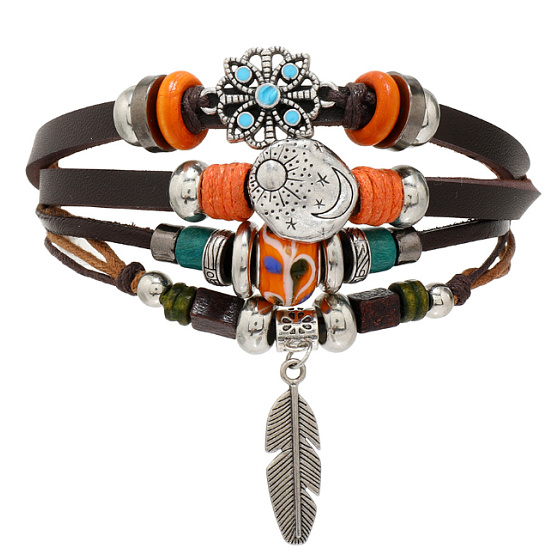Leather multi-layer bracelet, feather + moon/sun symbol, adjustable size