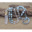 108 Mala Larimar necklace meditation jewelry, natural stone raw crystal, nugget 6 - 9 mm, pendant 8 - 15 x 45 - 70 mm