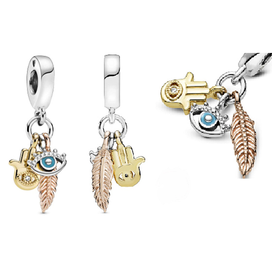 Charm Sterling silver 925 Protective amulet, Fatima's hand, prophet's eye and feather, talisman 3in1, bracelet pendant symbol