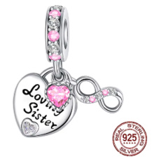 Charm Sterling Silver 925 Sisters Forever Double Heart and Infinity, 3-in-1 Love Bracelet Pendant
