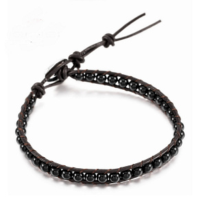 Obsidian leather bracelet natural stone, handmade, clasp, ball 4 mm / 17 - 23 cm, rescue stone
