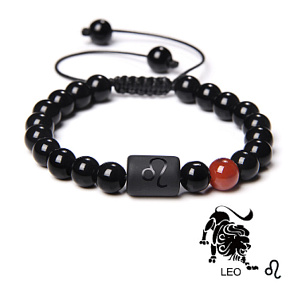 Onyx Leo zodiac sign, natural stone bracelet, 8mm ball/ adjustable size, life force stone
