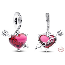 Charm Sterling Silver 925 Red Heart and Arrow Murano Glass, Love Bracelet Pendant