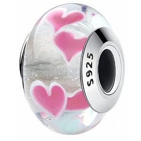 Charm Sterling silver 925 Murano white with hearts, love bead on bracelet