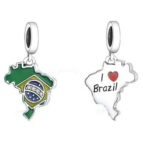 Charm Sterling Silver 925 Brazil Flag - Swinging Map, Travel Bracelet Pendant Charm Sterling Silver 925 Brazil Flag - Swinging Map, Travel Bracelet Pendant