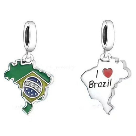 Charm Sterling Silver 925 Brazil Flag - Swinging Map, Travel Bracelet Pendant