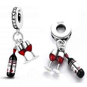 Sterling silver 925 I love wine - bottle + glasses, 2in1, pendant for bracelet, food and drink