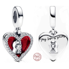Charm Sterling silver 925 Red heart with keyhole 2in1, love bracelet pendant