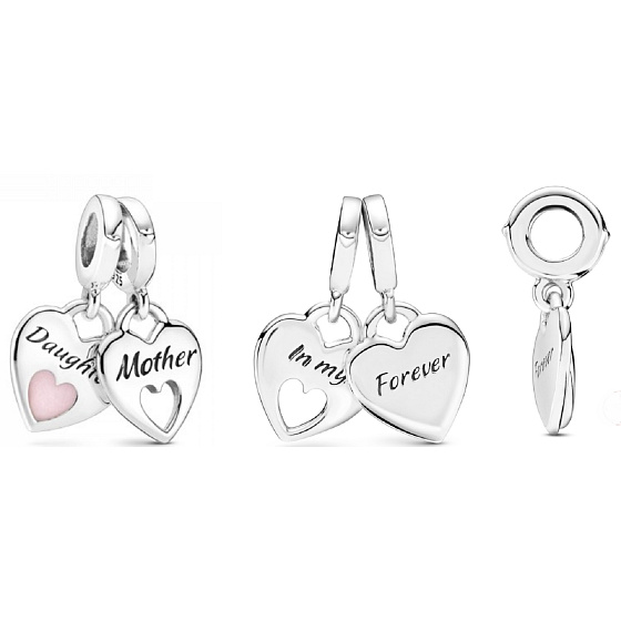 Sterling Silver 925 Heart Pendants Mother and daughter - double heart, 2in1 pendant for bracelet family
