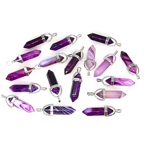 Amethyst Agate Hexagonal Pendulum Pendant Natural Stone 41 x 13 mm, Hand-Carved, Provides Courage and Strength, 1 Piece