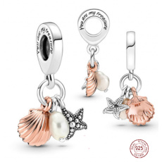 Charm Sterling Silver 925 Starfish, Shell, Freshwater Pearl, 3-in-1 Bracelet Pendant, Sea