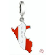 Charm Sterling Silver 925 Peru Flag - Swinging Map, Travel Bracelet Pendant