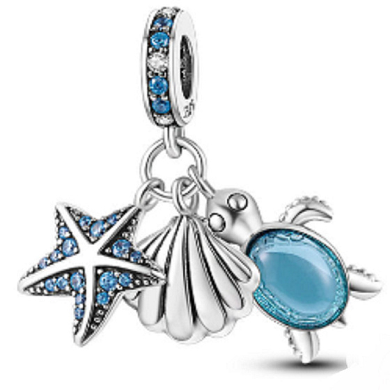 Charm Sterling Silver 925 Sea Turtle, Starfish, and Shell 3-in-1, Bracelet Pendant Sea