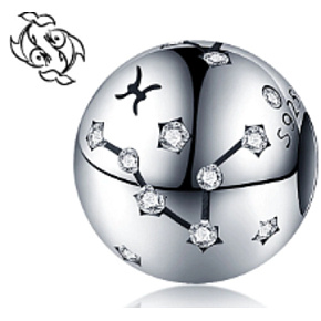 Pisces zodiac sign, pendant for bracelet silver + cubic zirconia, ball 9 mm 1 piece