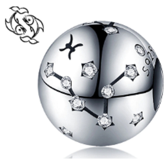 Pisces zodiac sign, pendant for bracelet silver + cubic zirconia, ball 9 mm 1 piece