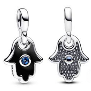 Charm Sterling silver 925 Hand of Fatima, Hamsa - Mini Medallion with starry blue crystal and black enamel, pendant for bracelet symbol