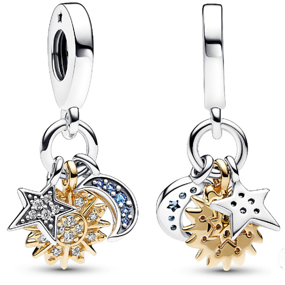 Sterling silver 925 Celestial charm with cubic zirconia, sun, star, crescent, 3in1 universe bracelet pendant