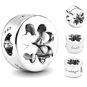 Charm Sterling silver 925 Cut out four-leaf clover - Happiness and Courage, bead for bracelet nature