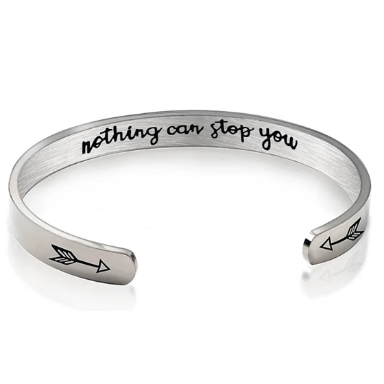 Stainless steel bracelet silver with engraving Nothing can stop you, open cuff, 4 mm