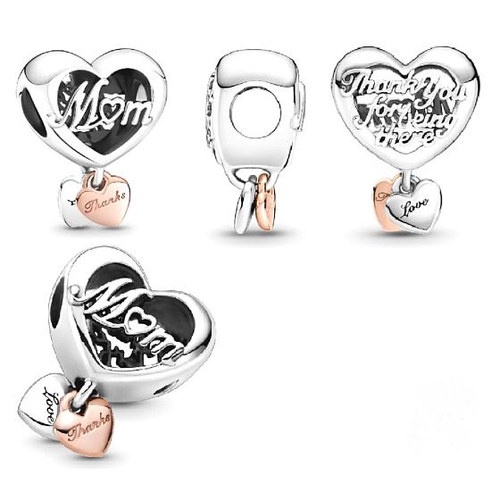 Sterling silver 925 Heart and inscription Thank you, Mom, bead on bracelet family