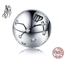 Virgo zodiac sign, pendant for bracelet silver + cubic zirconia, ball 9 mm 1 piece