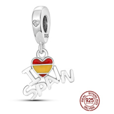 Charm Sterling Silver 925 Spain Flag Heart - I Love Spain, 2-in-1 Travel Bracelet Pendant