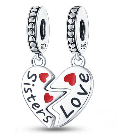 Charm Sterling silver 925 Sisters divisible charm heart 2in1, pendant on bracelet family