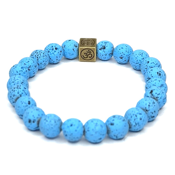 Lava bright blue with royal mantra Om, bracelet elastic natural stone, ball 8 mm / 16-17 cm, born of the four elements