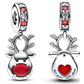 Sterling Silver 925 Red Nose Reindeer - Let your light shine, Christmas Bracelet Pendant