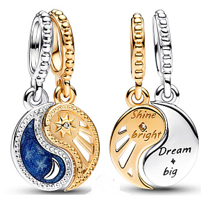 Charm Sterling silver 925 Yin & Yang, sun and moon divisible pendant on bracelet, symbol