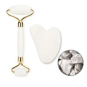 Quartz Gua Sha 5 x 8 cm + massage roller 14 x 5,5 cm reduces wrinkles, swelling, improves skin elasticity, set without packaging