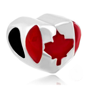 Charm Sterling Silver 925 Canadian Flag Heart - I Love Canada, Travel Bracelet Bead