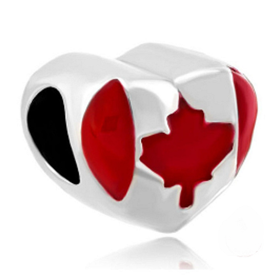 Charm Sterling Silver 925 Canadian Flag Heart - I Love Canada, Travel Bracelet Bead