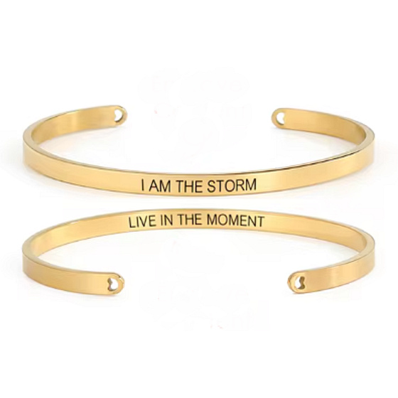 Stainless steel bracelet gold-plated with double-sided engraving I am the storm, open cuff, 4 mm
