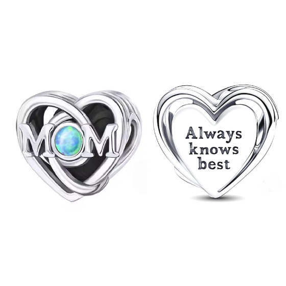 Charm Sterling silver 925 Openwork charm for mom and heart, bead on bracelet family