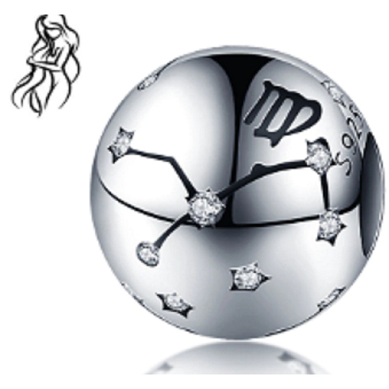Virgo zodiac sign, pendant for bracelet silver + cubic zirconia, ball 9 mm 1 piece