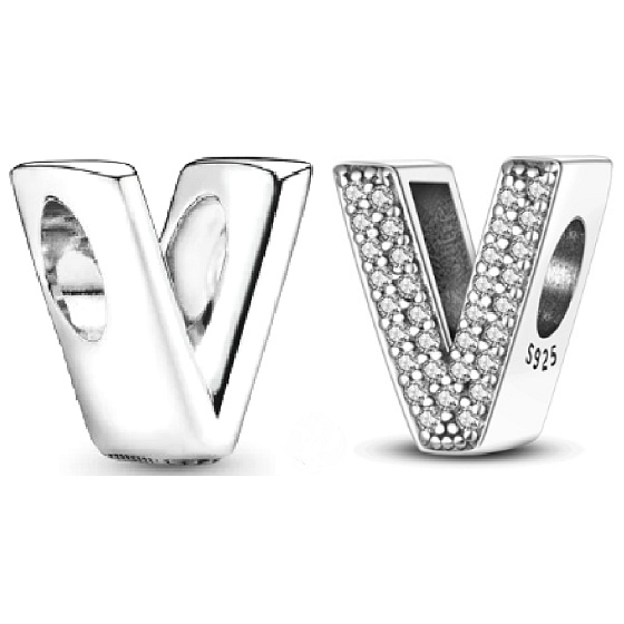 Sterling silver 925 Alphabet letter V, bead for bracelet