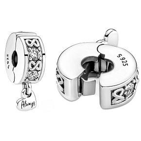 Charm Sterling silver 925 Family Forever Pavé stopper, clip bead on bracelet family