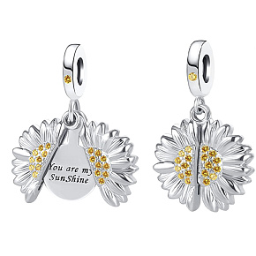 Sterling silver 925 Blossoming sunflower with inscription - You are my sunshine, openable bracelet pendant love