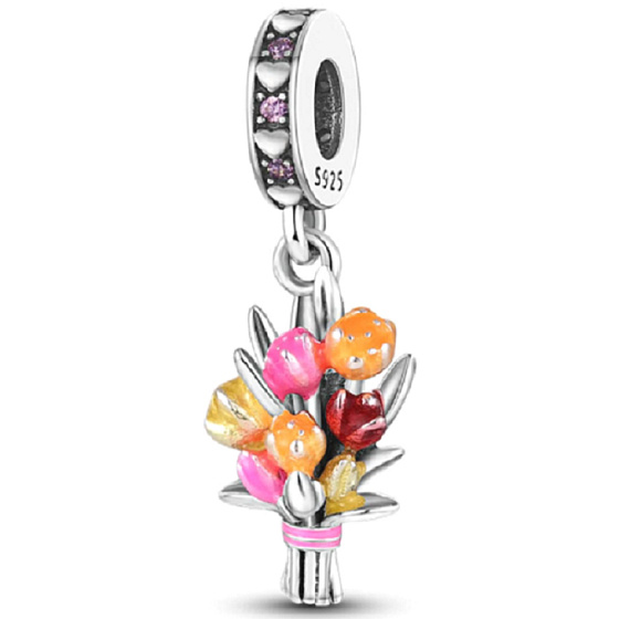 Charm Sterling silver 925 Bouquet of flowers, tulips, nature bracelet pendant