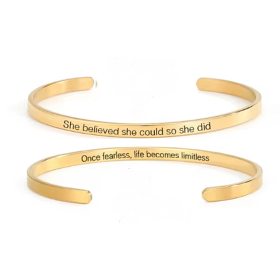Stainless steel bracelet gold-plated with double-sided engraving She believed she could.., open cuff, 4 mm