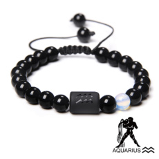Onyx Aquarius zodiac sign, bracelet natural stone, ball 8mm/ adjustable size, life force stone
