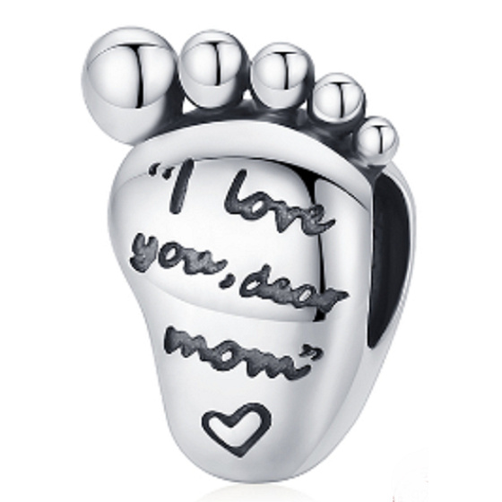 Sterling silver 925 I love you dear mom, footprint, bead for bracelet family