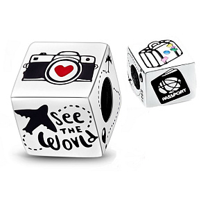 Sterling Silver 925 Travel the World Cube Charm, Travel Bracelet Bead