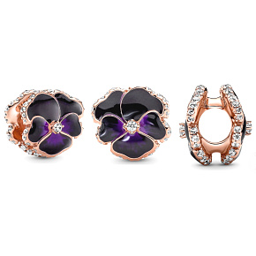 Sterling silver 925 Dark purple pansy, nature bracelet bead Sterling silver 925 Dark purple pansy, nature bracelet bead